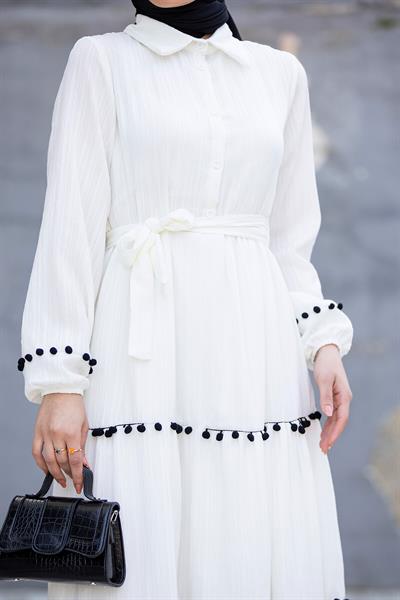 Müslim Kumaş Ponpon Detaylı Elbise-Beyaz