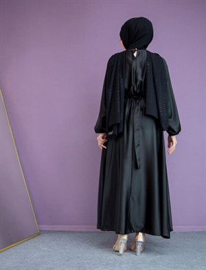 Nude Saten Mevlana Abiye Elbise-Siyah