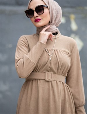 Roba Detaylı Kışlık Kaşkorse Elbise-Bej