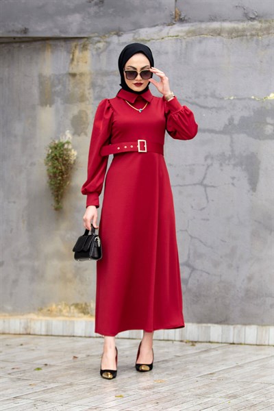 Sera Yaka Detaylı Elbise-Kırmızı