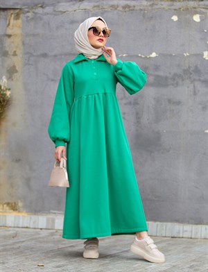 Yakalı 3 iplik Sweat Elbise-Yeşil