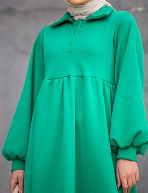 Yakalı 3 iplik Sweat Elbise-Yeşil