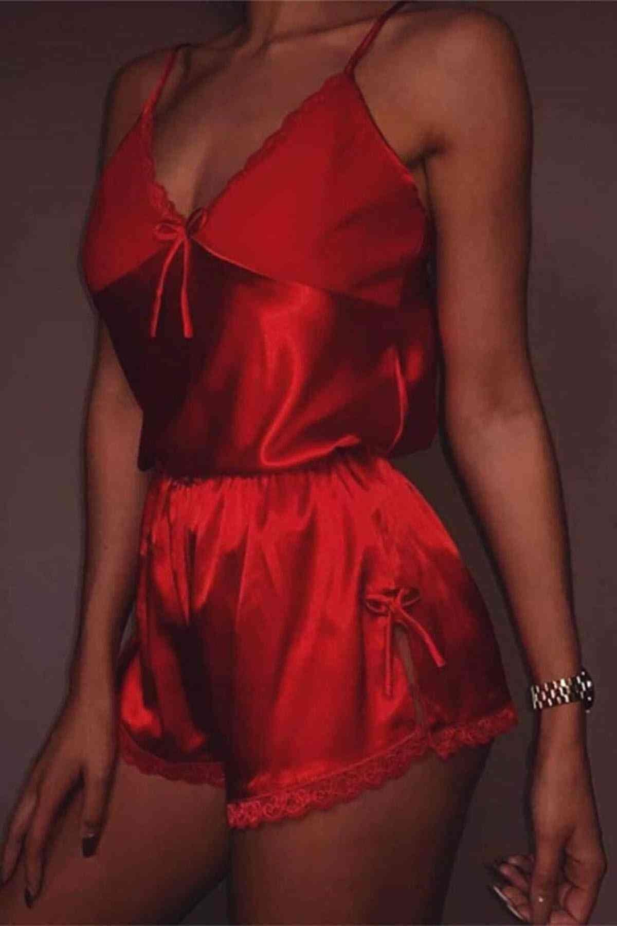 Merry See Dantel İşlemeli Saten Sortlu Pijama Takım Kırmızı