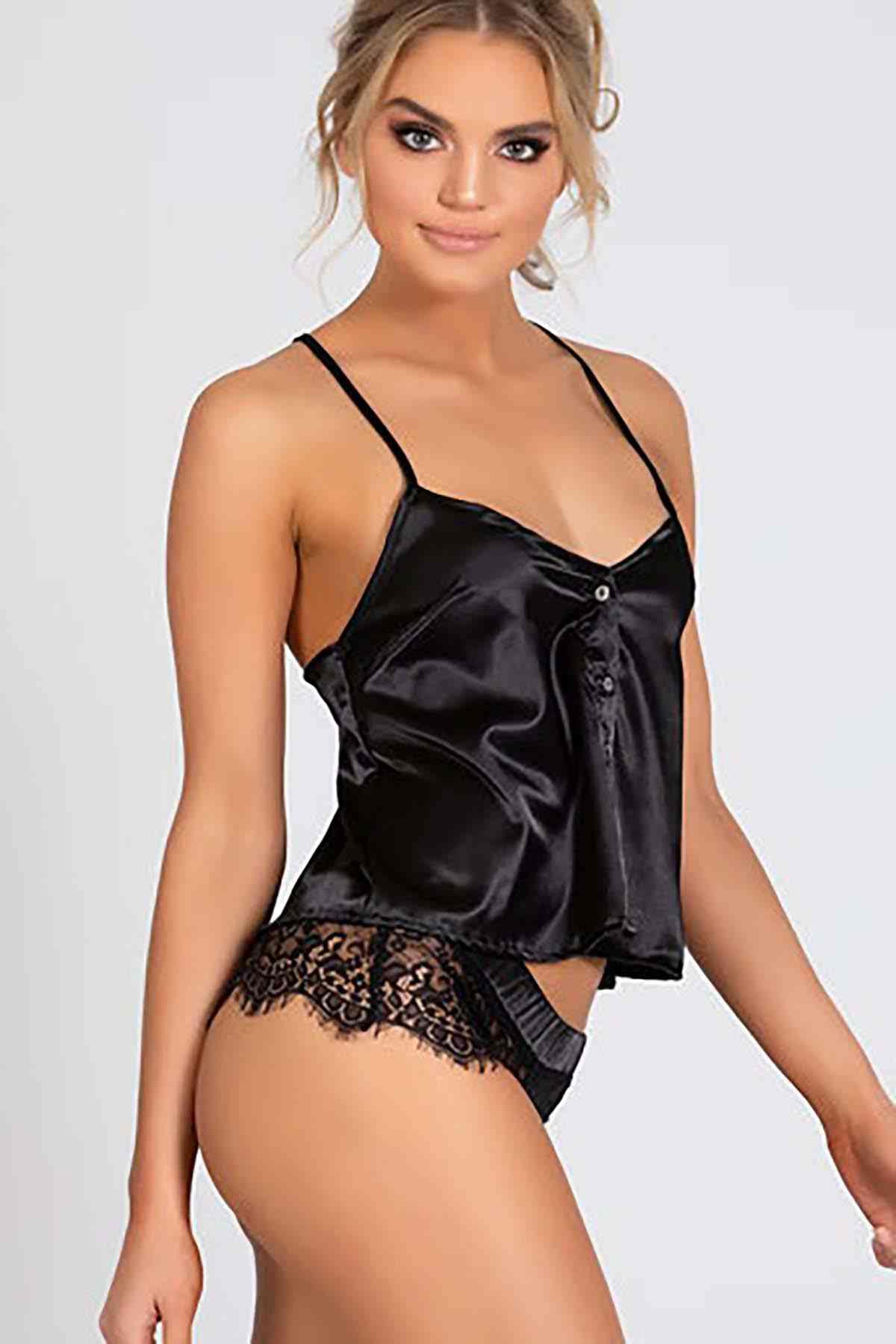 Merry See Dantelli Saten Şortlu Pijama Takım Siyah