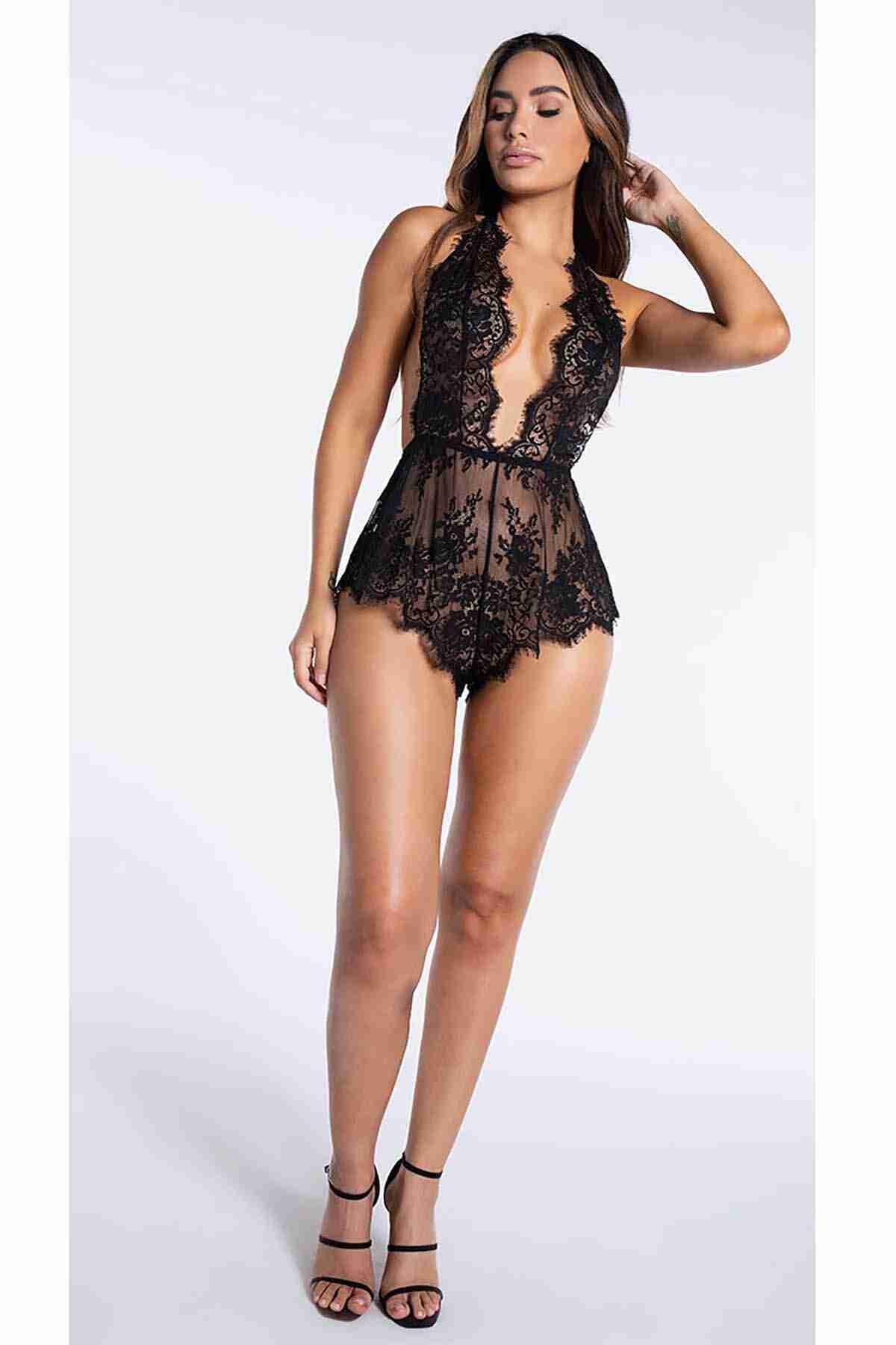 Merry See Şık Dantelli Gecelik Babydoll Bodysuit Tulum Siyah