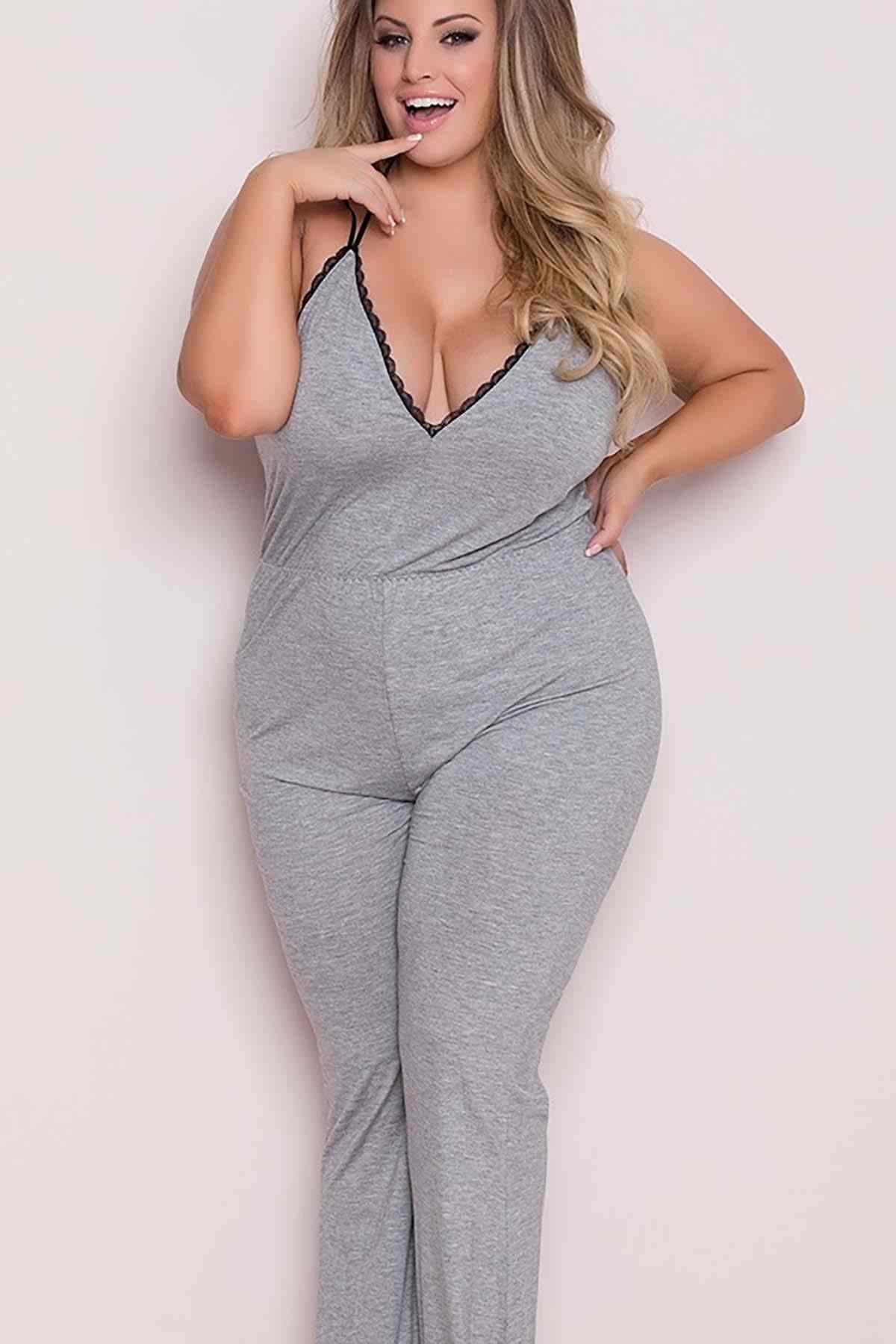 Merry See Büyük Beden Gri Dantel İşlemeli Eşofman Pijama Tulum