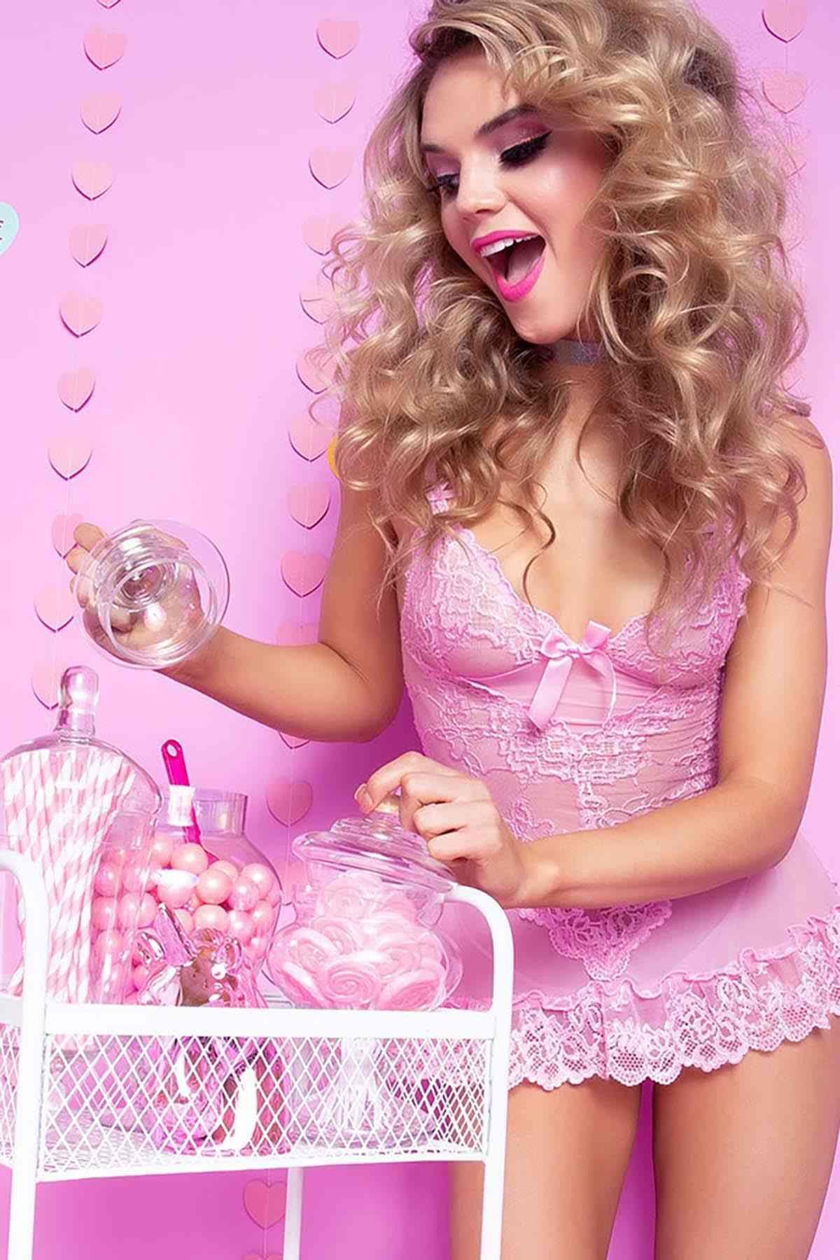 Merry See Dantel Gecelik Babydoll İç giyim Pembe
