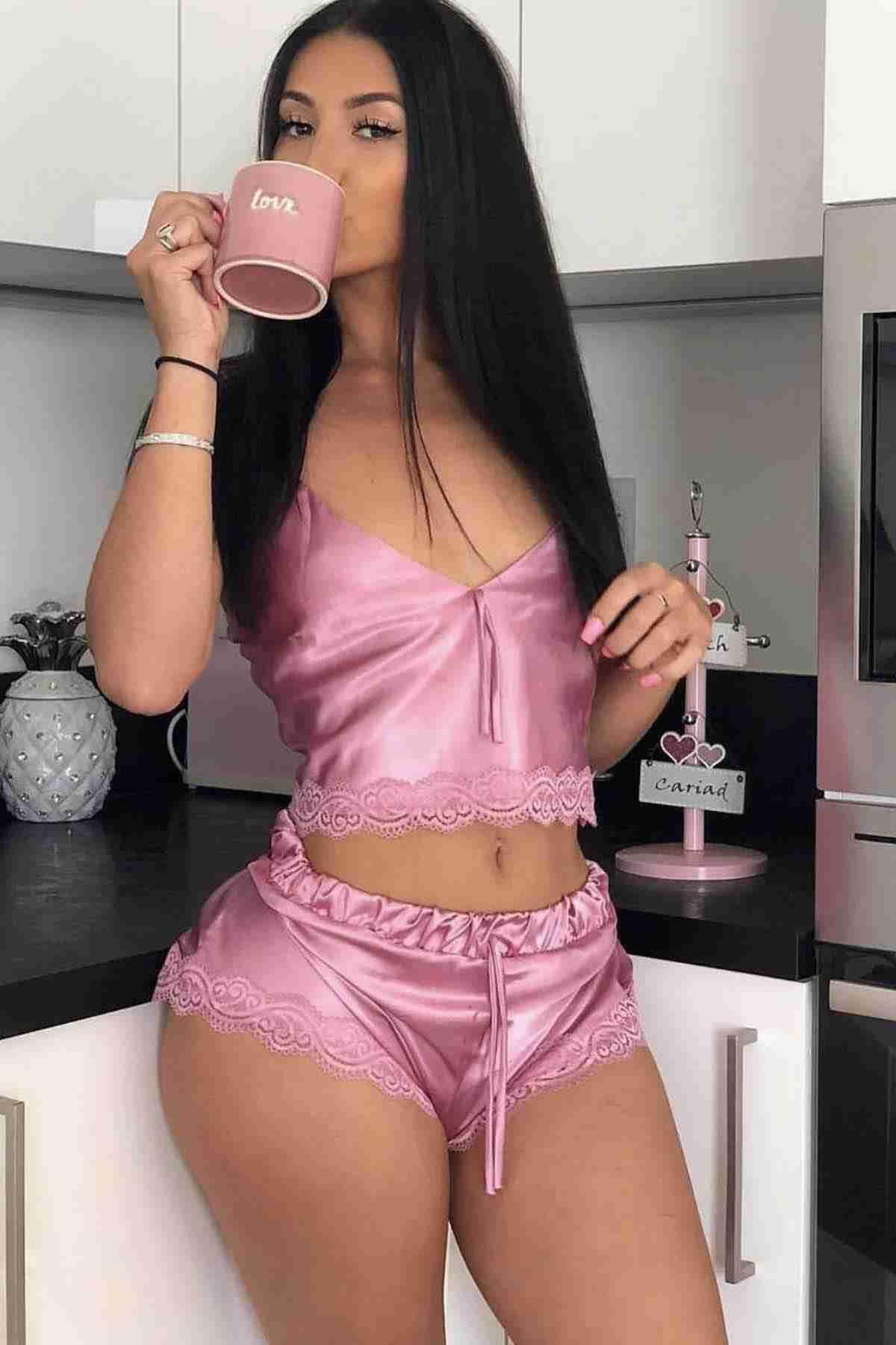 Merry See Saten Dantelli Şort Pembe