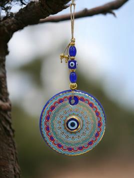 Yaldızlı Baskılı Mavi Cam Duvar Süsü