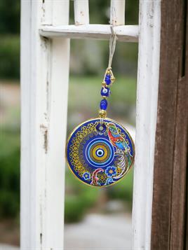 Yaldızlı Baskılı Mavi Cam Duvar Süsü