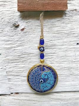 Yaldızlı Baskılı Mavi Cam Duvar Süsü