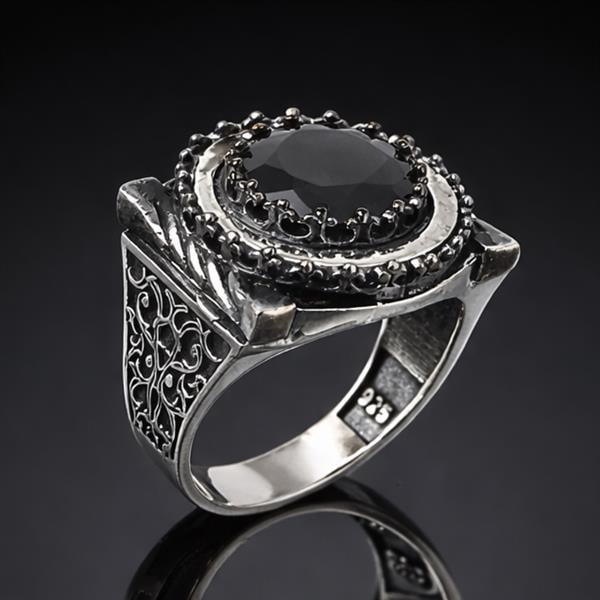 Faset Kesim Siyah Zirkon Taşlı 925 Ayar Gümüş Erkek Yüzük