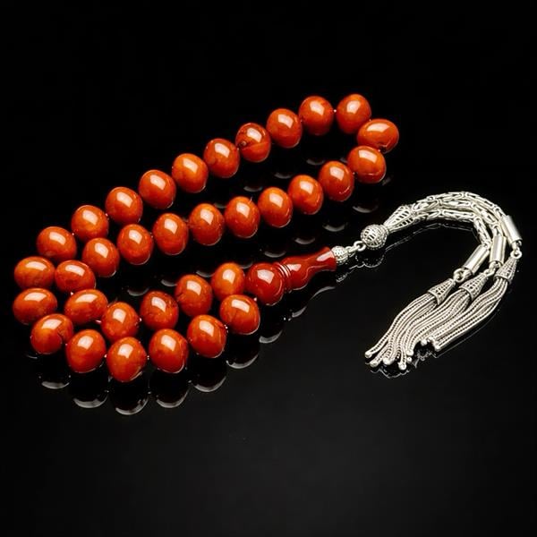 Basık Küre Kesim Gümüş Püsküllü Sıkma Kehribar Tesbih