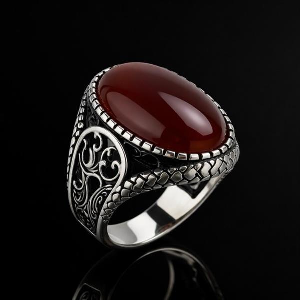 Doğal Akik Taşlı 925 Ayar Gümüş Erkek Yüzük