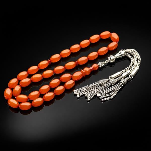 Arpa Kesim Kesim Gümüş Püsküllü Sıkma Kehribar Tesbih