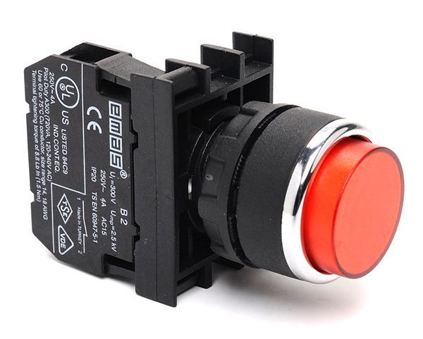 EmasEmas B100HK B Serisi Plastik 1NO Yaylı Çıkık Kırmızı 22 mm Buton