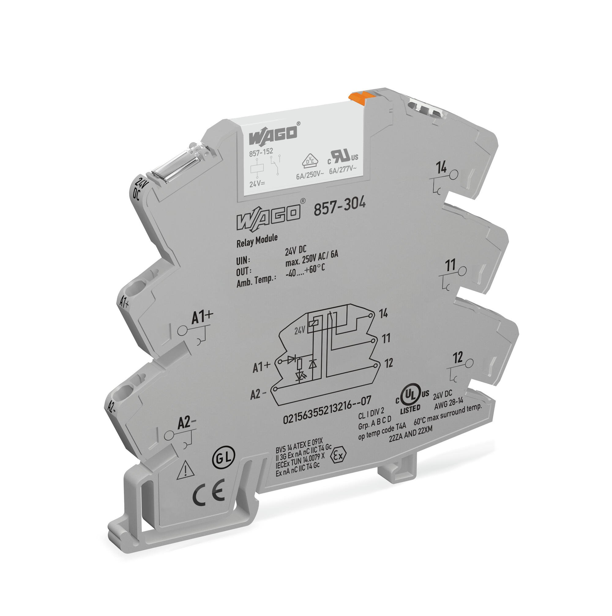 WagoWago 857-304 Röle Modülü; Nominal Giriş Gerilimi 24 VDC; 1 Değişken Kontak; Sınırlayıcı Sürekli Akım: 6 A; 2,50 mm²; Gri