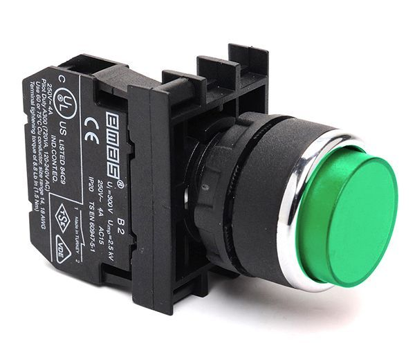 EmasEmas B100HYB Serisi Plastik 1NO Yaylı Çıkık Yeşil 22 mm Buton