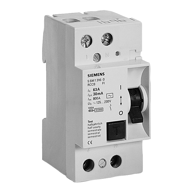 SiemensSiemens 5SM1316-0 Hata Akımı Koruma Anahtarı-Fı (Kaçak Akım Koruma Rölesi); 63A; 230V; 30Ma; Monofaze; Faz+Nötr; 55Mm