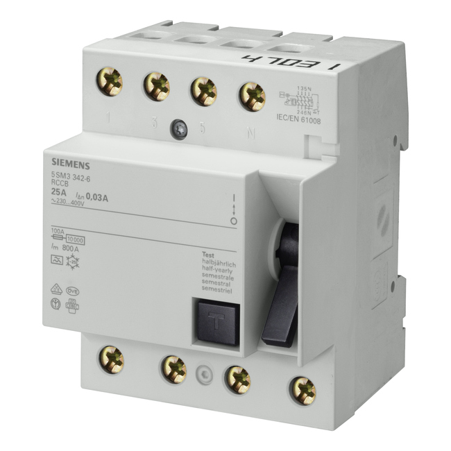 SiemensSiemens 5SM3642-0 Hata Akımı Koruma Anahtarı-Fı (Kaçak Akım Koruma Rölesi); 25A; 400V; 300Ma; Trifaze; 3Faz+Nötr; 55Mm