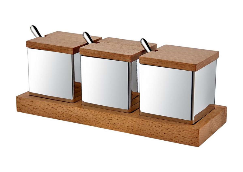 Ahşap Standlı Kare 3 Lü Baharatlık Tk. Mat-Parlak
