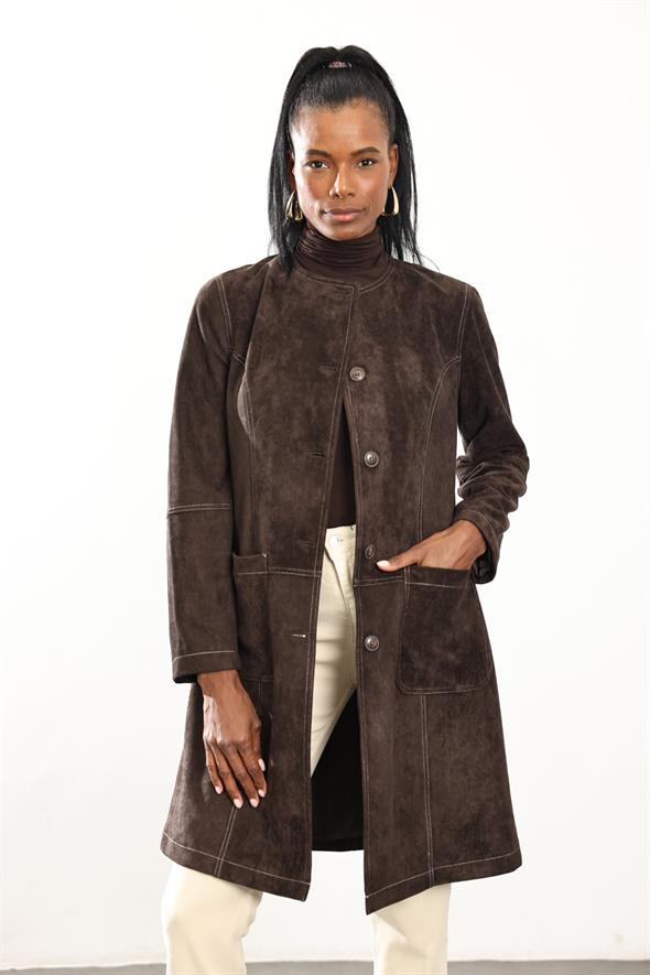 Acı Kahve Atkı Detaylı Süet Ceket 