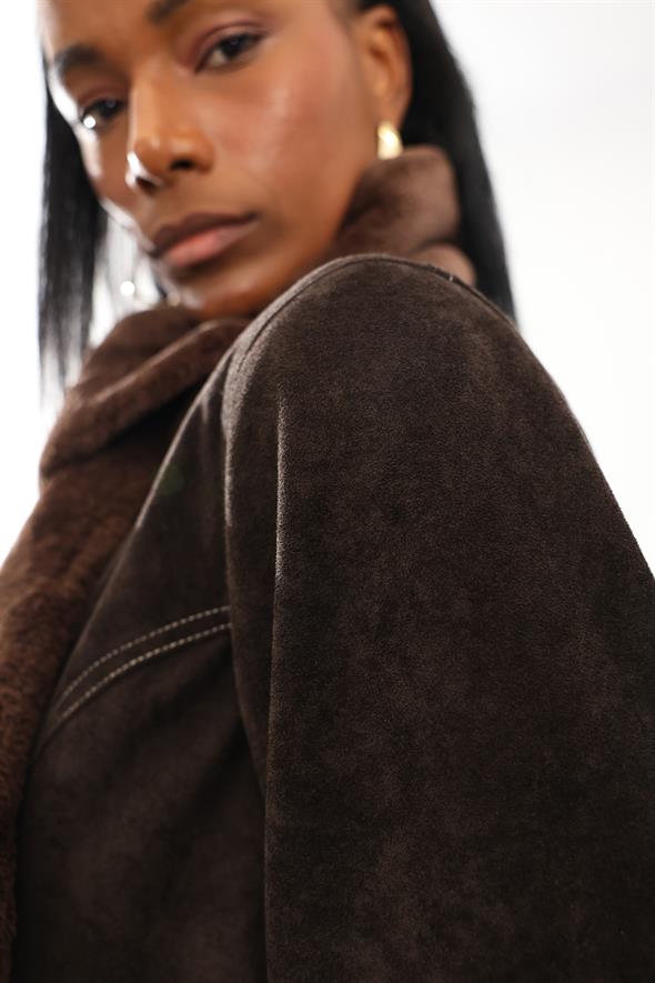 Acı Kahve Atkı Detaylı Süet Ceket 