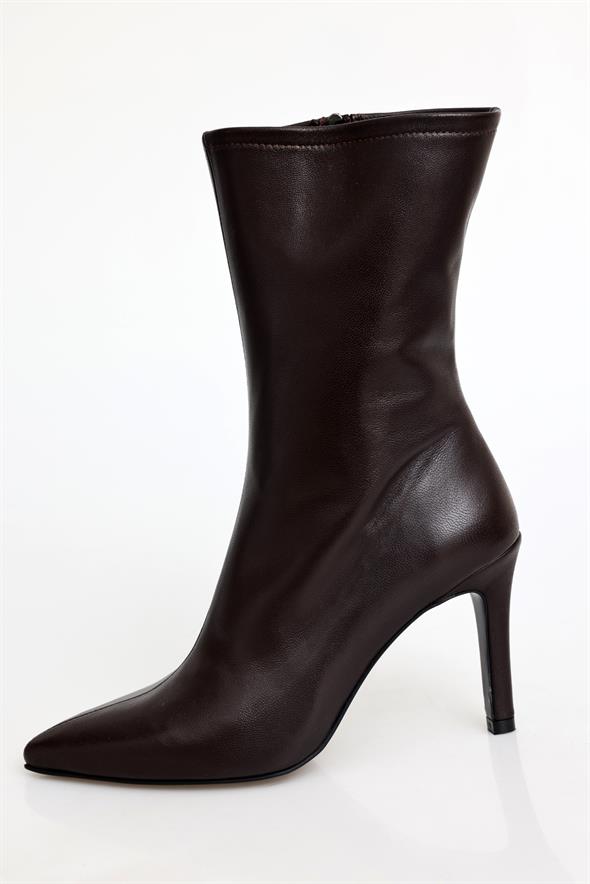 Acı Kahve Deri Sivri Burun Topuklu Bot 24374