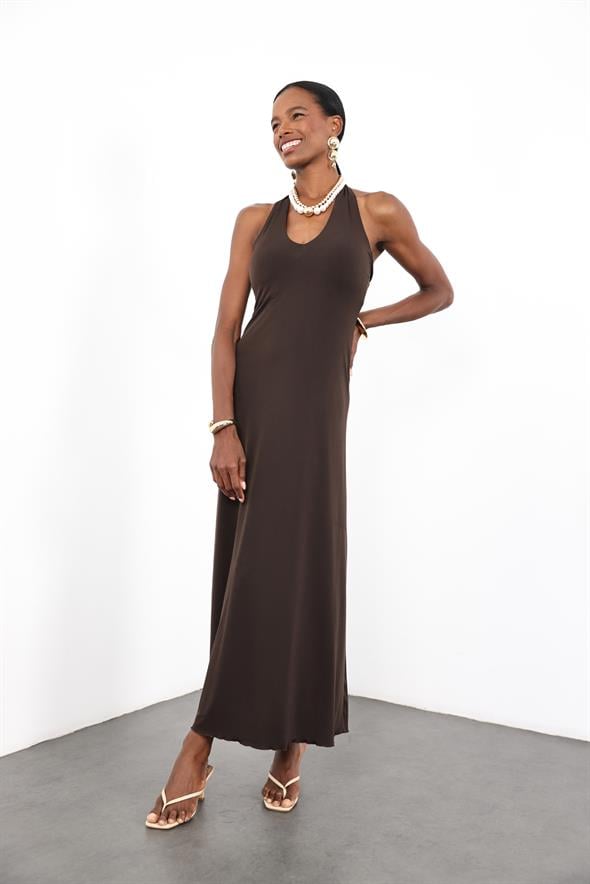 Acı Kahve Halter Yaka Bodycon Elbise 