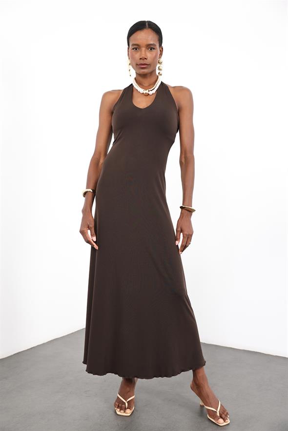 Acı Kahve Halter Yaka Bodycon Elbise 