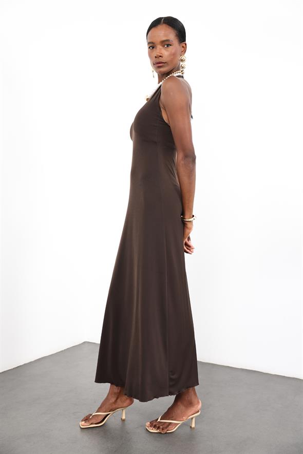 Acı Kahve Halter Yaka Bodycon Elbise 