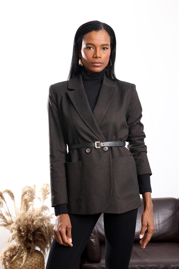 Acı Kahve Kemerli Kruvaze Binici Ceket 17184