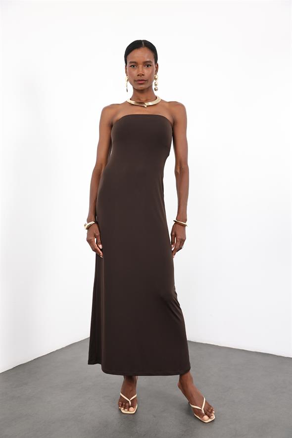 Acı Kahve Straplez Bodycon Elbise 