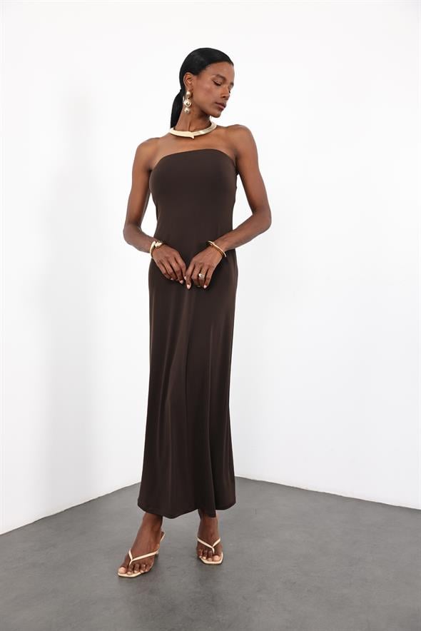 Acı Kahve Straplez Bodycon Elbise 