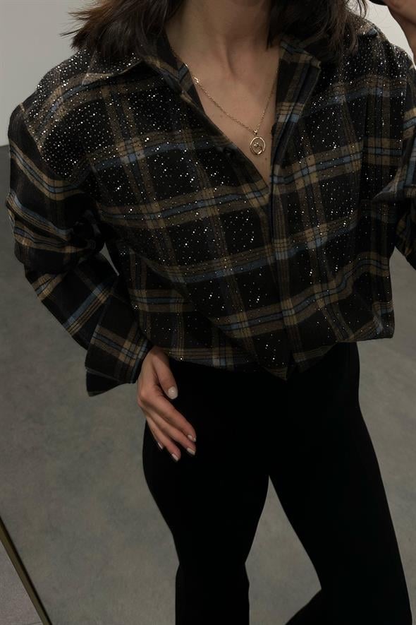 Acı Kahve Taş Detaylı Kareli Gömlek 