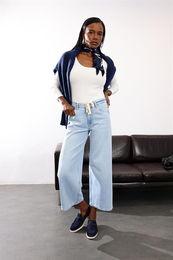 Açık Mavi Beli İpli Rahat Pantolon 