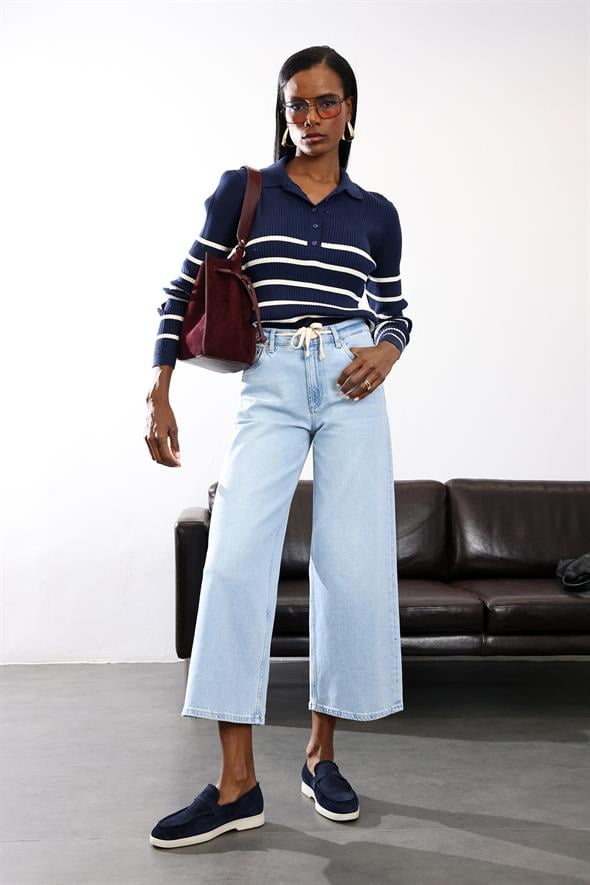 Açık Mavi Beli İpli Rahat Pantolon 