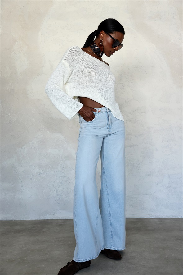 Açık Mavi Dikiş Detaylı Wide Leg Jean 