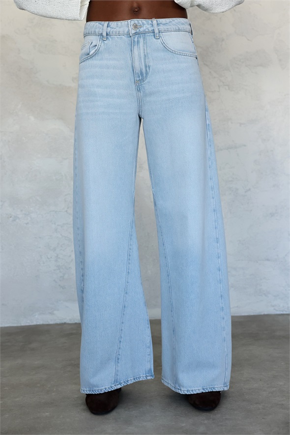 Açık Mavi Dikiş Detaylı Wide Leg Jean 