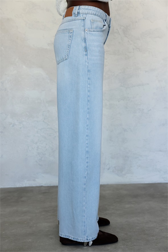 Açık Mavi Dikiş Detaylı Wide Leg Jean 
