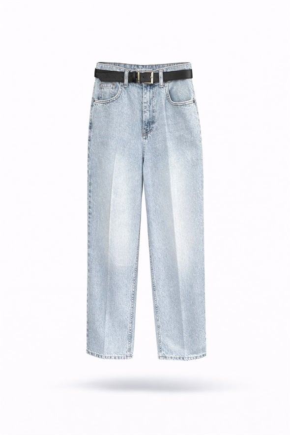 Açık Mavi Kemerli Baggy Jean 3010
