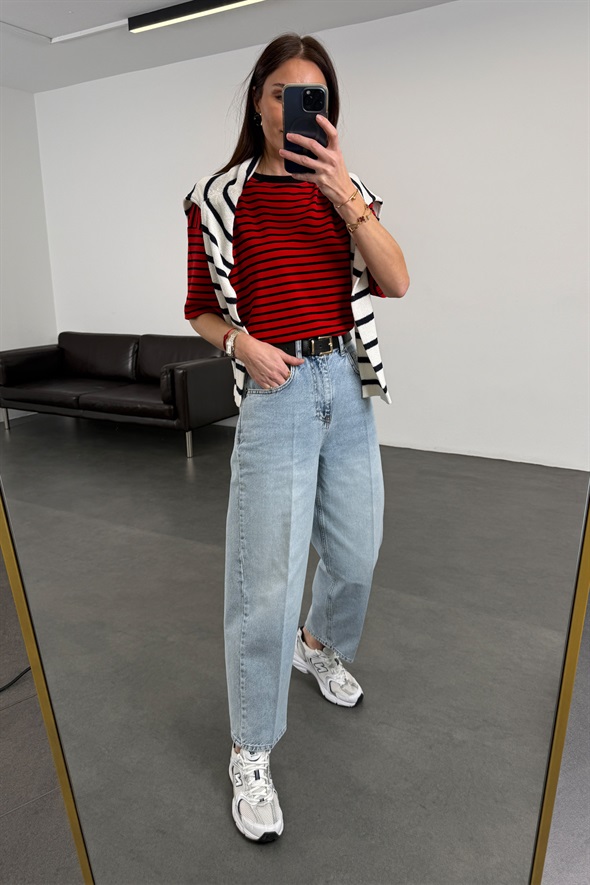 Açık Mavi Kemerli Baggy Jean 3010