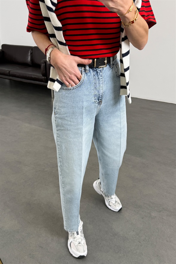 Açık Mavi Kemerli Baggy Jean 3010