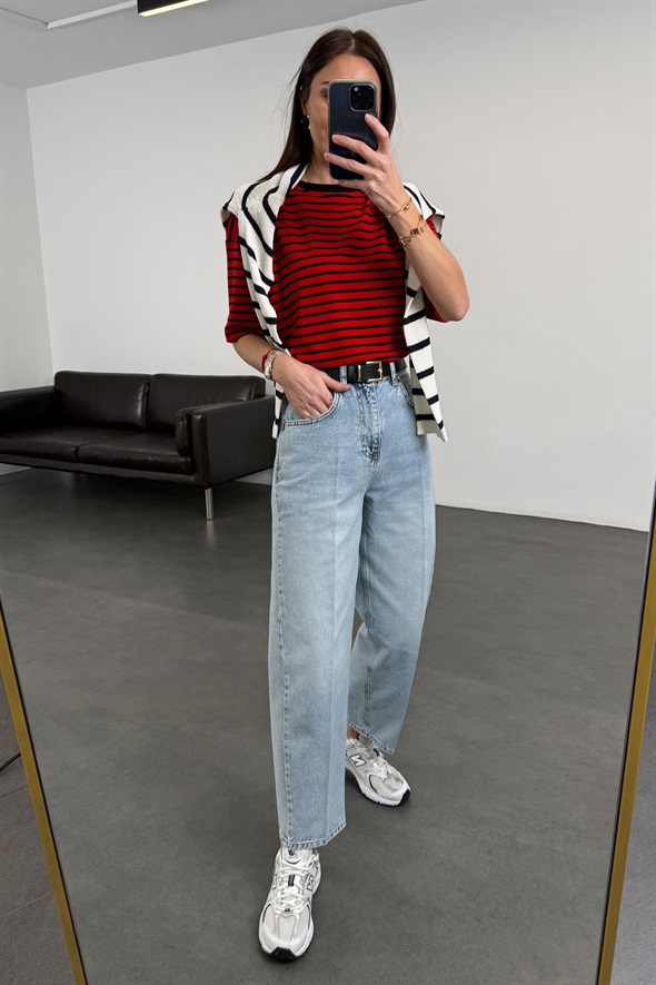Açık Mavi Kemerli Baggy Jean 3010