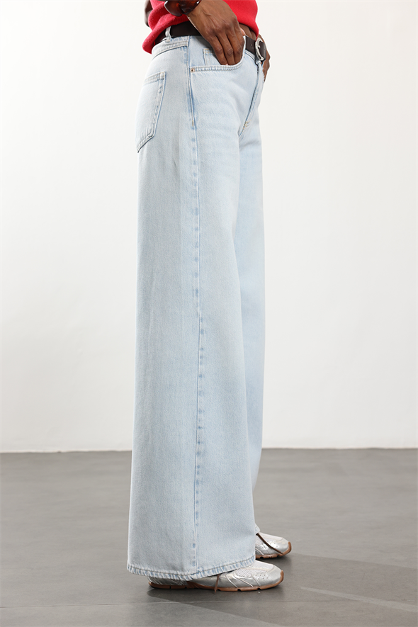 Açık Mavi Orta Bel Dikişli Wide Leg Jean 
