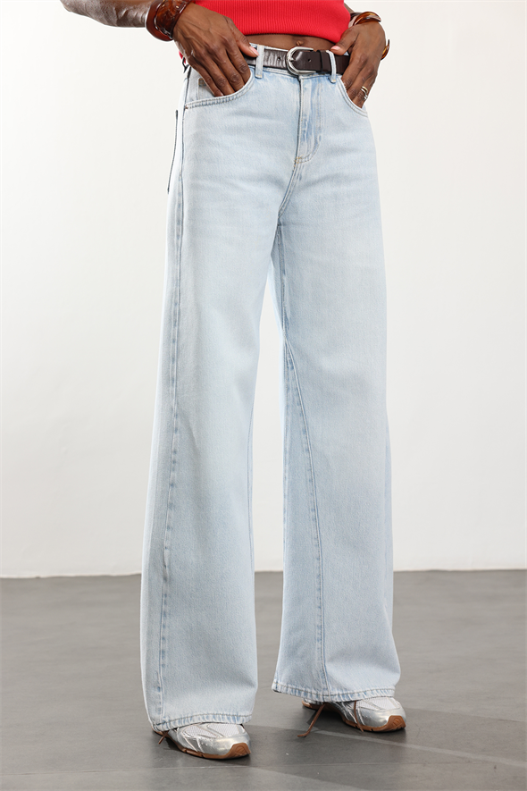 Açık Mavi Orta Bel Dikişli Wide Leg Jean 