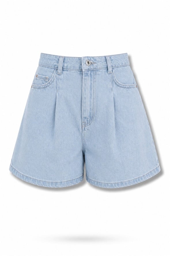 Açık Mavi Pileli Denim Şort 26834