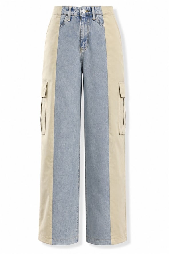 Açık Mavi Renk Bloklu Wide Leg Jean 