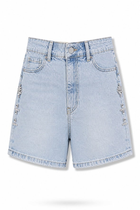 Açık Mavi Taş İşlemeli Denim Şort 18442