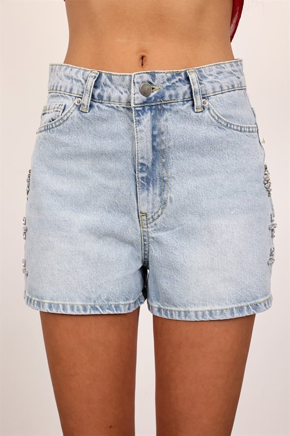 Açık Mavi Taş İşlemeli Denim Şort 18442